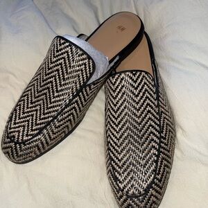 H&M Black and Tan Mules with Herringbone Pattern